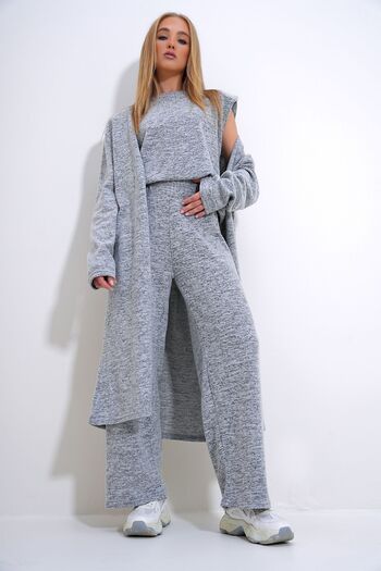 Trend Alaçatı Stili Women's Anthracite Shoulder Padded Crew Neck Blouse Trousers and Cardigan Thin Knitwear Set Suit ALC-X4710