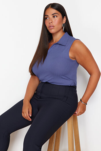 Trendyol Curve Blue Fitted/Fitted Polo Neck Stretchy Knitted Plus Size Blouse Tbbss24Af00065