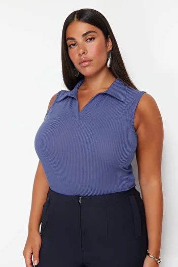 Trendyol Curve Blue Fitted/Fitted Polo Neck Stretchy Knitted Plus Size Blouse Tbbss24Af00065