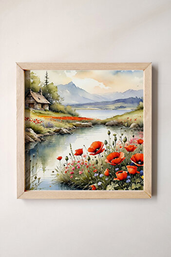 Wooden Factory Ahşap Çerçeveli, Sulu Boya Efektli Göl, Gelincikler, Dağ, Minik Kulübe Manzara Tablosu, Watercolor