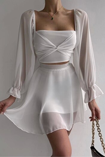 Eka Woman's White Waist Detailed Tulle Dress 0990-212045