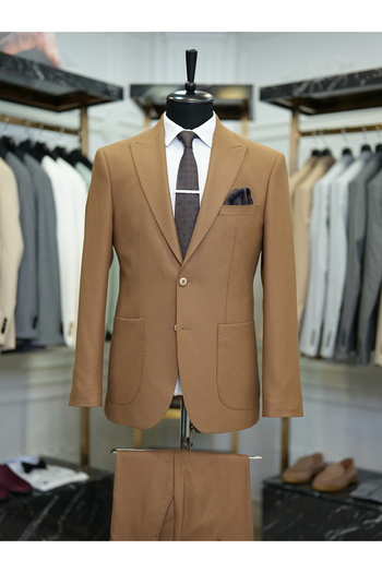 LONATOLİA Ανδρικό κοστούμι σε ιταλικό στυλ Slim Fit - Μισό επενδεδυμένο, ραμμένο με πουντό, τσέπες με τσάντα, καμέλ
