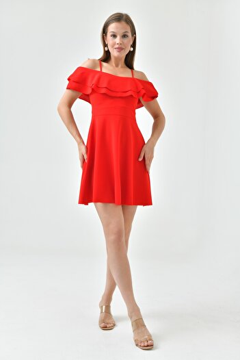 lovebox Crepe Fabric Thin Strap Flywheel Bell Cut Red Short Evening Dress Red Homecoming Dress 014