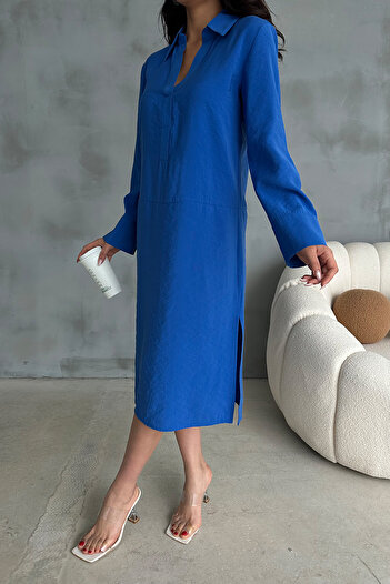 Ortaya Çık Blue Polo Collar Modal Fabric Midi Dress