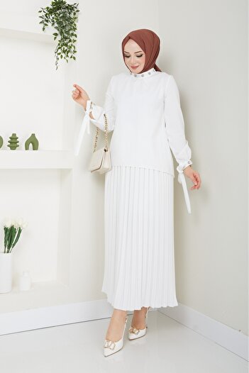 ECK MODA Women's Skirt Pleated Collar Sleeve Stone Detail Bottom Top Set