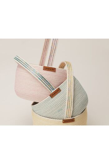 CraftNest Children's Room Green Organizer Basket with Handle / Handmade Cotton Basket / Buckle Basket
