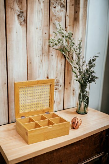 NEWNOW Bamboo Tea Box Organizer with Hazeran, Transparent Acrylic Hinged Lid Tea Bag