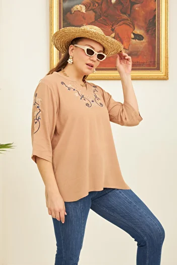 RMG Plus Size Mink Blouse with Embroidery Detail