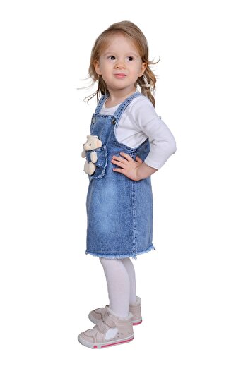 dinamik çocuk Denim Jeans Gilet Dress with Teddy Bear