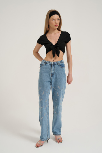 Quzu Pantaloni din denim cu picior largi, cu detaliu în piatră, albaștri