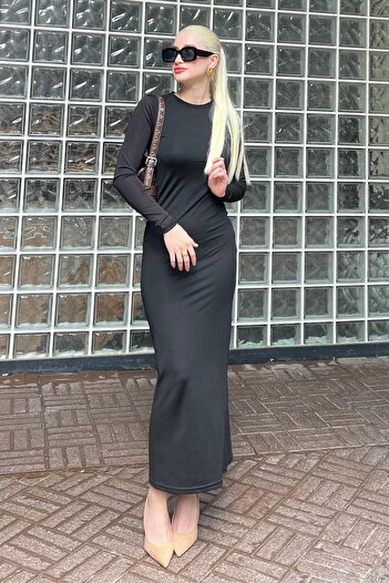 Madmext Black Basic Half Fisherman Long Sleeve Dress MG1947