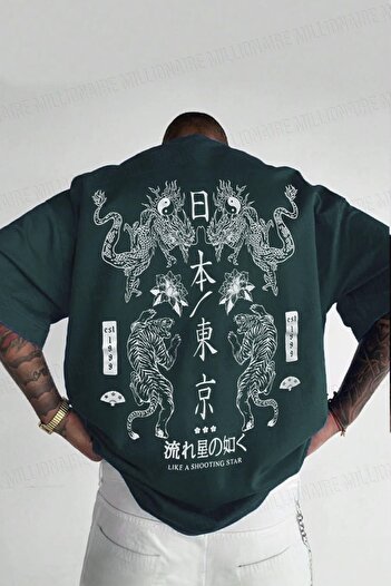 Teenage Millionaire Μπλουζάκι με βενζινοκίνητο πράσινο Dragon Printed Oversize Casual T-Shirt - Crew Neck