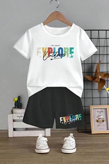 MYADA Unisex Kids Explore Printed 2-Piece Set - Crew Neck, Elastic Shorts 11202