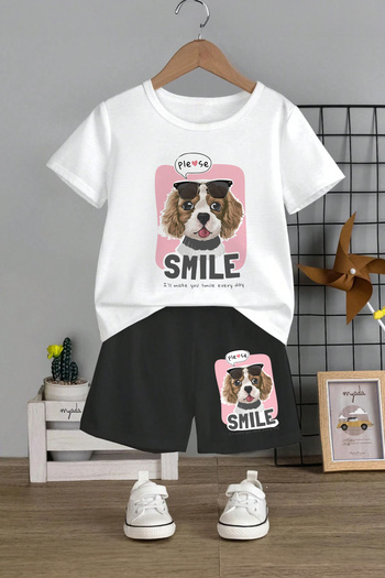 MYADA Crew Neck Elastic Smile Glasses Dog Printed Children's Set - 12701
