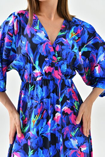 lovebox Blue Floral Print Double Breasted Collar Midi Dress - Bat Sleeve and Elastic Waist 3154