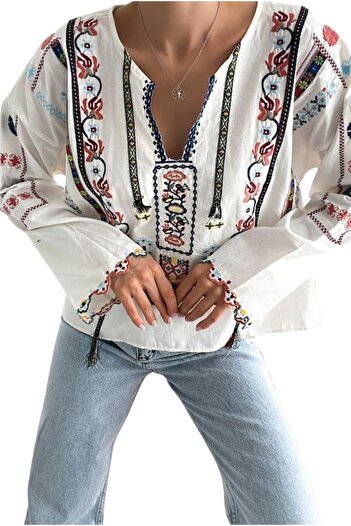 Cassime Vintage Λευκό Λινό-Βαμβακερό Μείγμα - Ethnic Κεντημένη Γυναικεία Μπλούζα