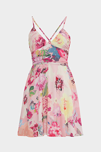 Açelya Okcu Gipe Detailed Cut Out Floral Patterned Mini Strap Women's Dress