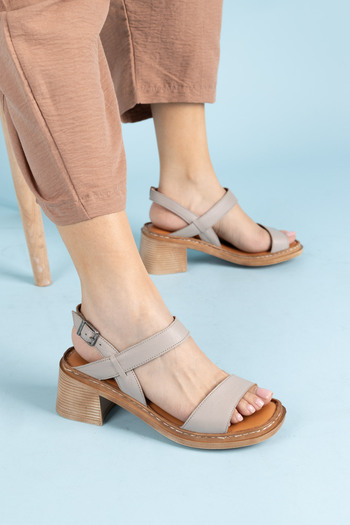 Getcho Mavel Mink Women's Genuine Leather Thick Heeled Sandals with Buckle Summer Daily Casual Stylish Heeled Shoes