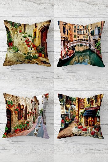 on the clouds Venice Street View Patterned Concealed Zippered Throw Pillow Cover Seat Pillow Case Set(4pcs)