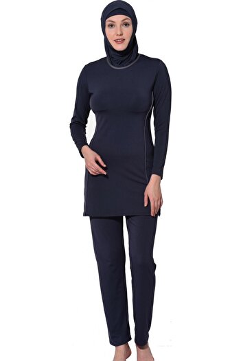 Argisa Long Sleeve Solid Color Piping Flexible Full Hijab Swimsuit 7550 Smoked