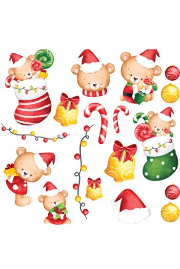 Dijitalya 18 Piece Cute Christmas Bears Themed Glass Wall Door Ornament New Year Decor Sticker Decal Set