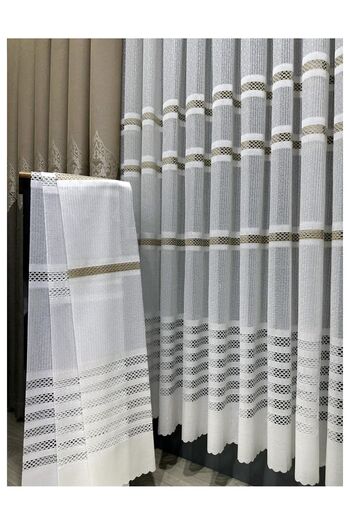 Evdepo Home Applique Knitted 1/3 Close Pleat, Tulle Curtain Single Wing - Ecru / Mink