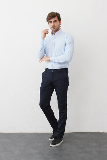RAVANELLI Light Blue Slimfit Cotton Oxfort Lycra Collar Buttoned Long Sleeve Men's Shirt G490