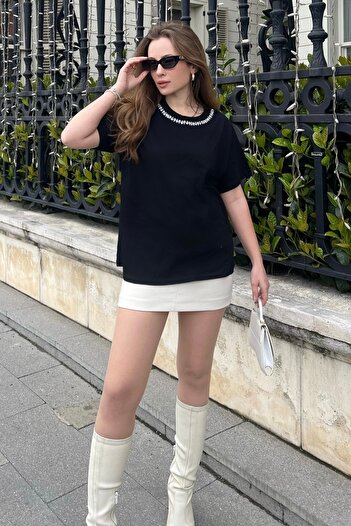 Bianco Lucci Γυναικείο χτενισμένο βαμβακερό μπλουζάκι από πέτρα - γιακά60211011