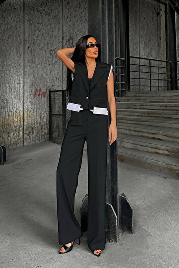 Ortaya Çık Black Design Vest Palazzo Trousers Set