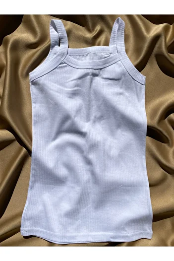 LEYNA BUTİK Woman's Cotton Ribbed Strap Oval Collar 1 Piece White Color Basic Tank Top