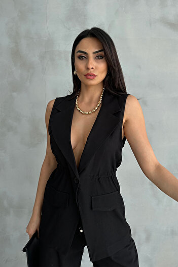 Ortaya Çık Black Waist Detailed Vest Trousers Linen Set