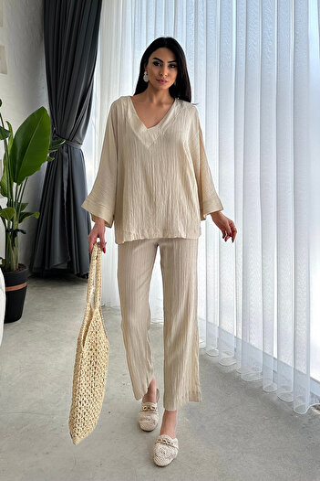 Ortaya Çık Beige Lower Top V-Neck Seersucker Set