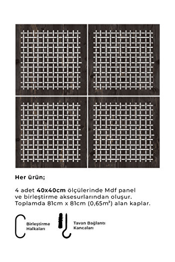 standarts Makta ® Lazer Kesim Sarkıt Paravan, Ahşap Seperatör, Oda Bölücü 4'lü Panel Levha Seti