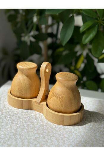 şirin eşyalarım Bamboo 2-Piece Chubby Salt and Pepper Bowl with Stand