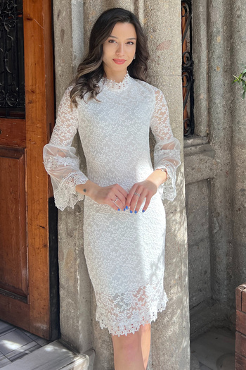 julude Cream Women's Lace Sleeve Tulle Evening Dress