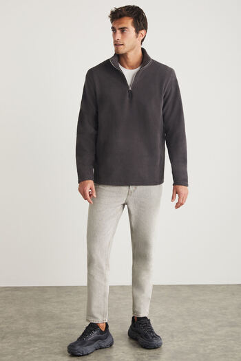 GRIMELANGE Hayes Men's Fleece Half Zipper Thick Textured Comfort Fit Smoked Fleece with Leather Accessories