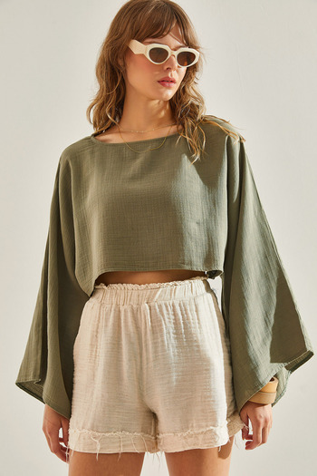 Bianco Lucci Bat Sleeve Crop Women's Blouse -60251156