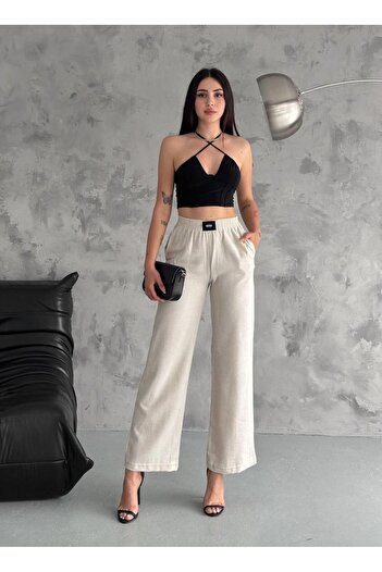 MsLena Butik Linen Trousers - Embroidered, Wide Leg, Elastic Waist, Pocket - Noa249-1361
