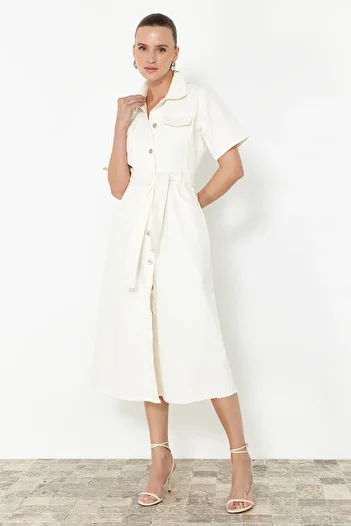 Trendyol Collection Ecru Hemline Tassel Belt Maxi Denim Dress Twoss24El00377