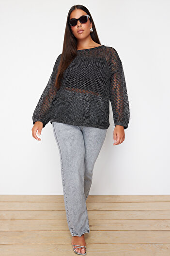 Trendyol Curve Black Glitter Boat Neck Openwork/Hole Knitwear Sweater TBBSS24AN00006