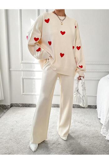 Jose Clothing Γυναικεία Off White Heart Κέντημα Λεπτομέρεια Πλεκτό Πουλόβερ Παντελόνι Σετ δύο τεμαχίων