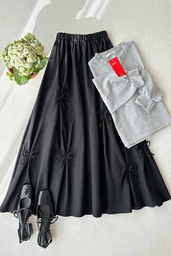 Ceylan Otantik Gray 2 Yarn Crop & Black Bow Skirt Set