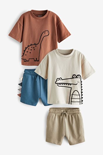 Next Baby 100% Cotton Dinosaur Patterned Short Sleeve 2-Piece Top and Bottom Set with Shorts