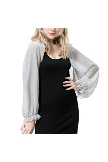 es moda shop Gray Chiffon Moni - Ruffled Sleeve and Shawl Opening