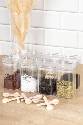 DNS HOME 8-Piece 250 ml Vacuum Acrylic Spice Jar Set with Lid and Spoon Storage Container Jar with Transparent Label