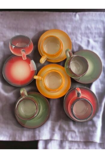 Artistic Quality Decorative Stylish Design Tea-Coffee Cup Set in Green, Red, Brown and Black for 6 People