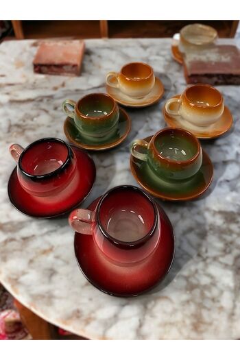 Artistic Quality Decorative Stylish Design Tea-Coffee Cup Set in Green, Red, Brown and Black for 6 People