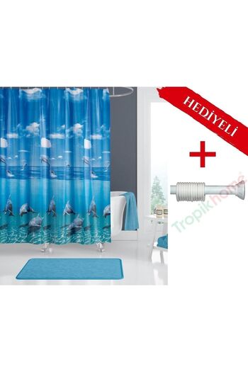 Tropikhome Mavi Yunus Desen Banyo Perdesi-mavi Renk Duş Perdesi Askı Hediyeli C-halkalı Polyester Banyo Perdesi