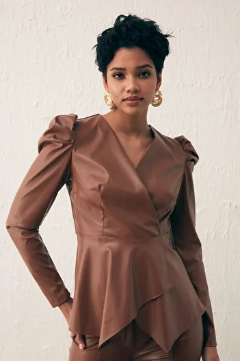 Sateen Double Breasted Leather Blouse - Brown