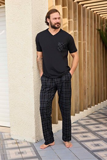 Aydoğan Men's Tuna Short Sleeve Cotton Black Pajama Set240331